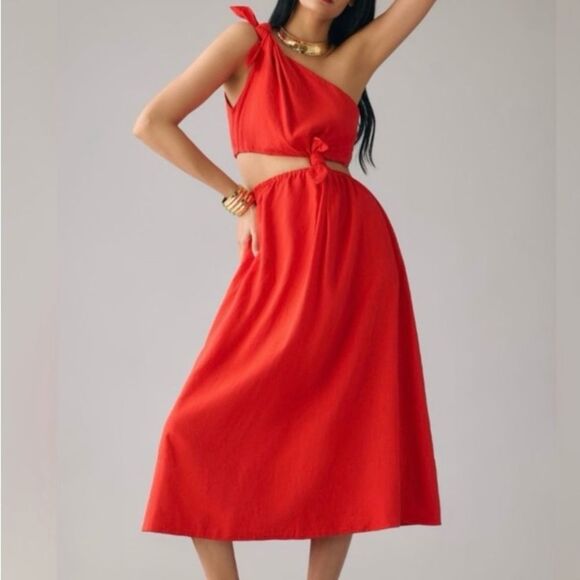 NEW FARM Rio Red Midi Knot Dress Linen Cutout Elastic Waist Asymmetrical Size XL - Picture 1 of 13